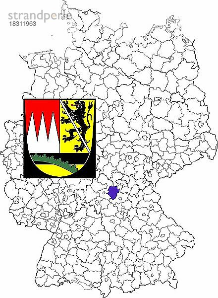 Landkreis Haßberge  Hassberge  in Bayern  Lage des Landkreis innerhalb von Deutschland  Wappen  mit Landkreiswappen (nur redaktionelle Verwendung) (amtliches Hoheitszeichen) (werbliche Nutzung gesetzlich beschränkt)