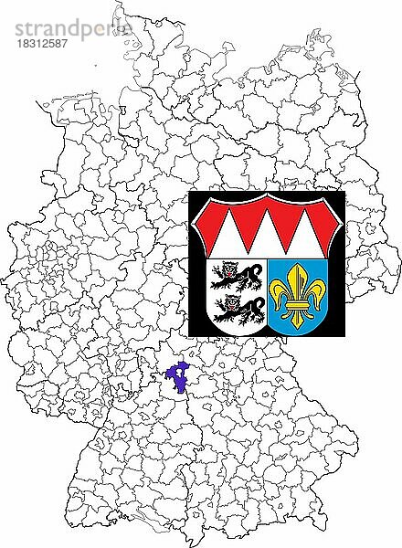 Landkreis Würzburg  in Bayern  Lage des Landkreis innerhalb von Deutschland  Wappen  mit Landkreiswappen (nur redaktionelle Verwendung) (amtliches Hoheitszeichen) (werbliche Nutzung gesetzlich beschränkt)