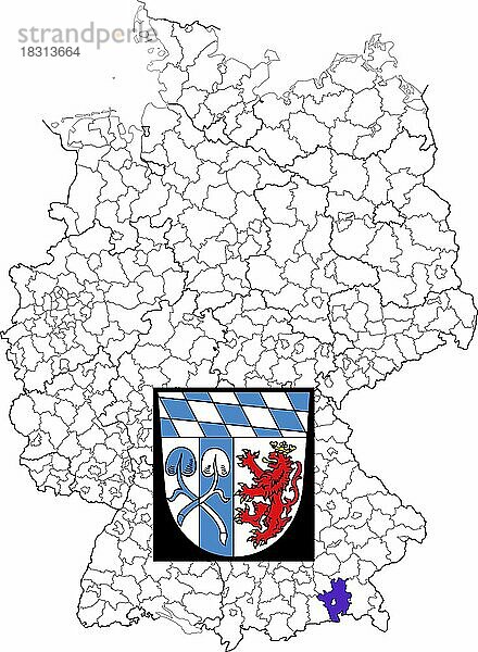 Landkreis Rosenheim  in Bayern  Lage des Landkreis innerhalb von Deutschland  Wappen  mit Landkreiswappen (nur redaktionelle Verwendung) (amtliches Hoheitszeichen) (werbliche Nutzung gesetzlich beschränkt)