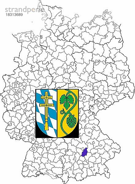 Landkreis Pfaffenhofen an der Ilm  in Bayern  Lage des Landkreis innerhalb von Deutschland  Wappen  mit Landkreiswappen (nur redaktionelle Verwendung) (amtliches Hoheitszeichen) (werbliche Nutzung gesetzlich beschränkt)