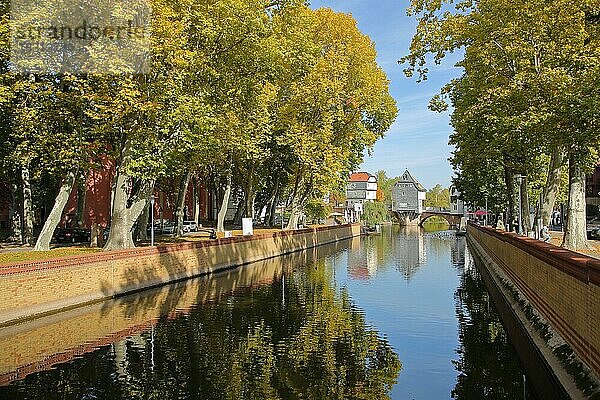 Fluss Nahe mit Allee während Herbst und Blick auf Brückenhäuser  Fluss  Spiegelung  Stimmung  Bad Kreuznach  Rheinland-Pfalz  Deutschland  Europa