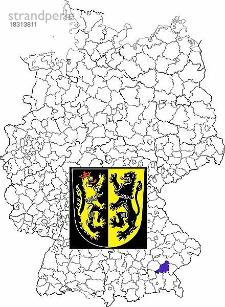 Landkreis Mühldorf am Inn  in Bayern  Lage des Landkreis innerhalb von Deutschland  Wappen  mit Landkreiswappen (nur redaktionelle Verwendung) (amtliches Hoheitszeichen) (werbliche Nutzung gesetzlich beschränkt)