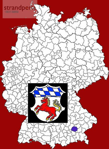 Landkreis Erding  in Bayern  Lage des Landkreis innerhalb von Deutschland  Wappen  mit Landkreiswappen (nur redaktionelle Verwendung) (amtliches Hoheitszeichen) (werbliche Nutzung gesetzlich beschränkt)