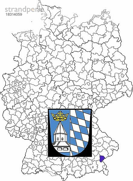 Landkreis Altötting  Altoetting  in Bayern  Lage des Landkreis innerhalb von Deutschland  Wappen  mit Landkreiswappen (nur redaktionelle Verwendung) (amtliches Hoheitszeichen) (werbliche Nutzung gesetzlich beschränkt)