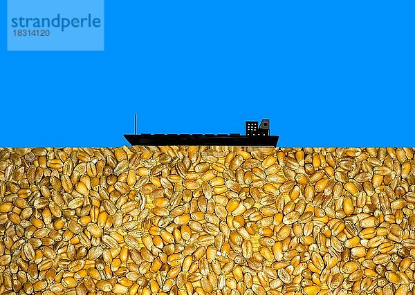 Symbolfoto  in Farben der Ukrainischen Nationalflagge  ein Weizenfrachter als Silhouette fährt auf einem Meer von Weizen (Triticum turgidum)