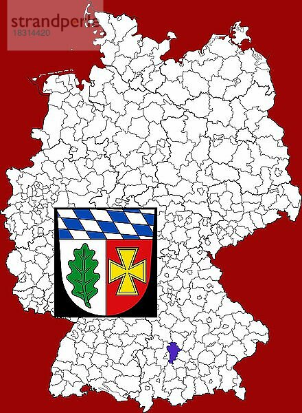 Landkreis Aichach-Friedberg in Bayern  Lage des Landkreis innerhalb von Deutschland  Wappen  mit Landkreiswappen (nur redaktionelle Verwendung) (amtliches Hoheitszeichen) (werbliche Nutzung gesetzlich beschränkt)