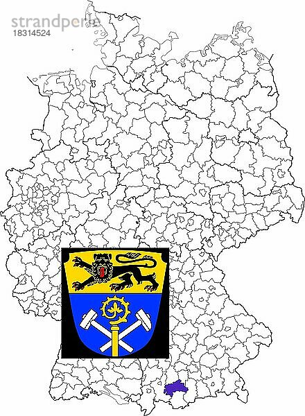 Landkreis Weilheim-Schongau  in Bayern  Lage des Landkreis innerhalb von Deutschland  Wappen  mit Landkreiswappen (nur redaktionelle Verwendung) (amtliches Hoheitszeichen) (werbliche Nutzung gesetzlich beschränkt)