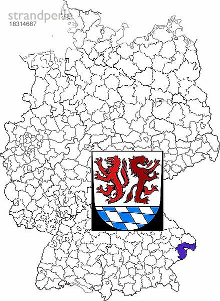 Landkreis Passau  in Bayern  Lage des Landkreis innerhalb von Deutschland  Wappen  mit Landkreiswappen (nur redaktionelle Verwendung) (amtliches Hoheitszeichen) (werbliche Nutzung gesetzlich beschränkt)