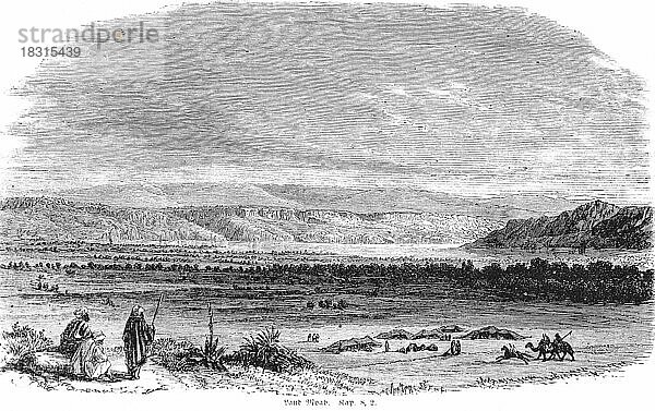 Land Moab  Landschaft  Berge  Tal  breit  Moabiter  schlagen  Kampf  Sieg  Niederlage  untertan  Geschenke  Menschen  Reiter  Bäume  Zelte  Bibel  Altes Testament  Zweites Buch Samuelis  Kapitel 8  Vers 2  historische Illustration um 1850  Naher Osten