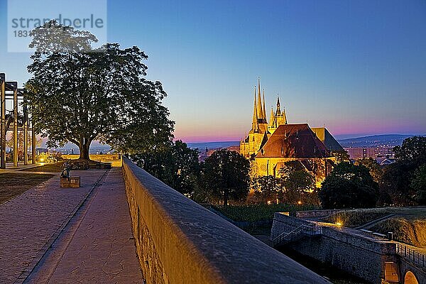 Stadtansicht mit Severikirche und Erfurter Dom in der Morgendämmerung  Zitadelle Petersberg  Erfurt  Thüringen  Deutschland  Europa