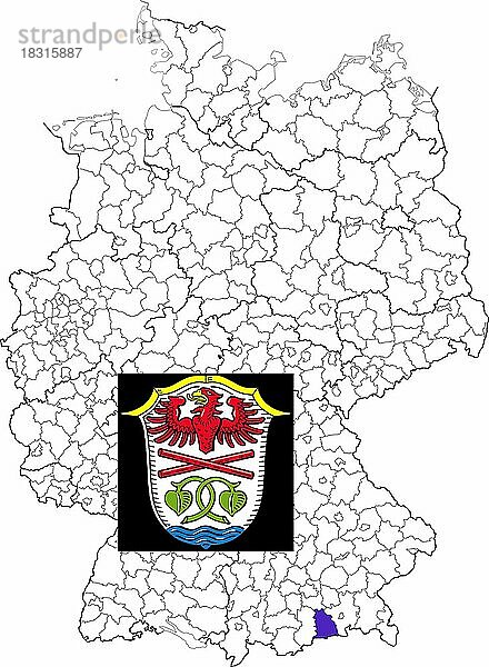 Landkreis Miesbach  in Bayern  Lage des Landkreis innerhalb von Deutschland  Wappen  mit Landkreiswappen (nur redaktionelle Verwendung) (amtliches Hoheitszeichen) (werbliche Nutzung gesetzlich beschränkt)