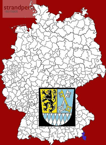 Landkreis Berchtesgadener Land  in Bayern  Lage des Landkreis innerhalb von Deutschland  Wappen  mit Landkreiswappen (nur redaktionelle Verwendung) (amtliches Hoheitszeichen) (werbliche Nutzung gesetzlich beschränkt)