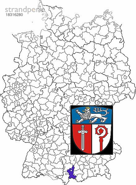 Landkreis Ostallgäu  in Bayern  Lage des Landkreis innerhalb von Deutschland  Wappen  mit Landkreiswappen (nur redaktionelle Verwendung) (amtliches Hoheitszeichen) (werbliche Nutzung gesetzlich beschränkt)