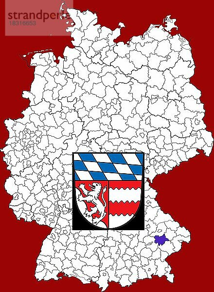 Landkreis Dingolfing-Landau  in Bayern  Lage des Landkreis innerhalb von Deutschland  Wappen  mit Landkreiswappen (nur redaktionelle Verwendung) (amtliches Hoheitszeichen) (werbliche Nutzung gesetzlich beschränkt)