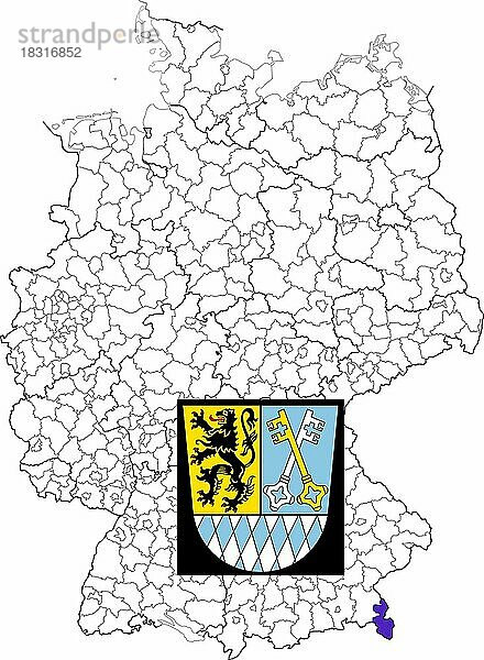 Landkreis Berchtesgadener Land  in Bayern  Lage des Landkreis innerhalb von Deutschland  Wappen  mit Landkreiswappen (nur redaktionelle Verwendung) (amtliches Hoheitszeichen) (werbliche Nutzung gesetzlich beschränkt)