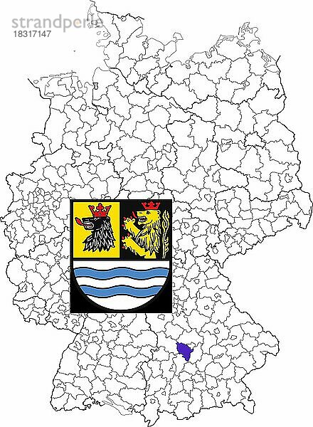 Landkreis Neuburg-Schrobenhausen  in Bayern  Lage des Landkreis innerhalb von Deutschland  Wappen  mit Landkreiswappen (nur redaktionelle Verwendung) (amtliches Hoheitszeichen) (werbliche Nutzung gesetzlich beschränkt)