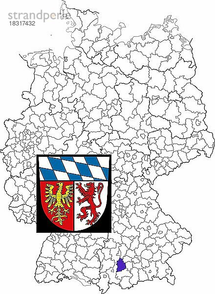 Landkreis Landsberg am Lech  in Bayern  Lage des Landkreis innerhalb von Deutschland  Wappen  mit Landkreiswappen (nur redaktionelle Verwendung) (amtliches Hoheitszeichen) (werbliche Nutzung gesetzlich beschränkt)