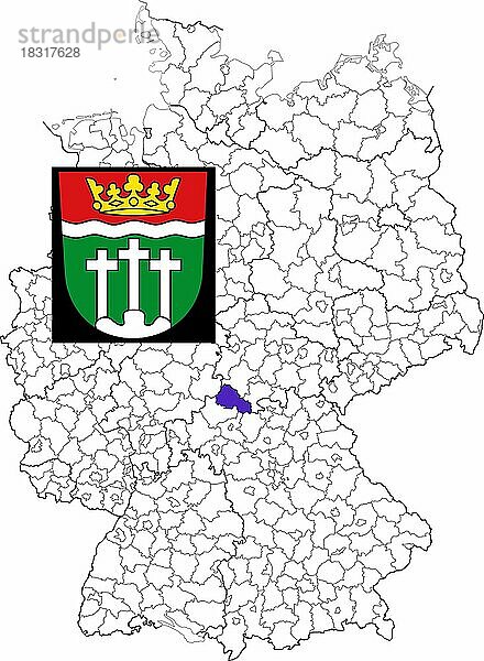 Landkreis Rhön-Grabfeld  in Bayern  Lage des Landkreis innerhalb von Deutschland  Wappen  mit Landkreiswappen (nur redaktionelle Verwendung) (amtliches Hoheitszeichen) (werbliche Nutzung gesetzlich beschränkt)