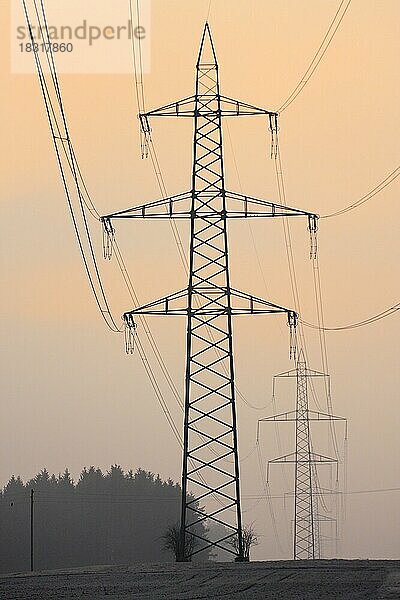 Silhouetten von Hochspannungsleitungs-Strommasten werden im Nebel in oranges Licht der untergehenden Sonne gehüllt  Kanton Zürich  Schweiz  Europa