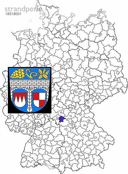 Landkreis Kitzingen  in Bayern  Lage des Landkreis innerhalb von Deutschland  Wappen  mit Landkreiswappen (nur redaktionelle Verwendung) (amtliches Hoheitszeichen) (werbliche Nutzung gesetzlich beschränkt)