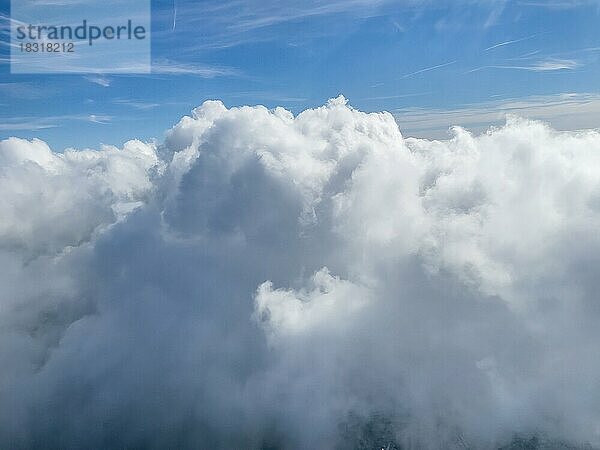 Blick aus der Nähe von oben auf Wolken Haufenwolken (Cumulus)  im Hintergrund Cirrus Cirruswolken  Deutschland  Europa
