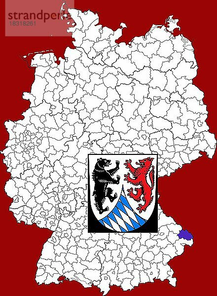 Landkreis Freyung-Grafenau  in Bayern  Lage des Landkreis innerhalb von Deutschland  Wappen  mit Landkreiswappen (nur redaktionelle Verwendung) (amtliches Hoheitszeichen) (werbliche Nutzung gesetzlich beschränkt)