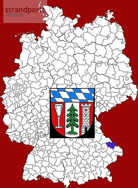 Landkreis Regen  in Bayern  Lage des Landkreis innerhalb von Deutschland  Wappen  mit Landkreiswappen (nur redaktionelle Verwendung) (amtliches Hoheitszeichen) (werbliche Nutzung gesetzlich beschränkt)