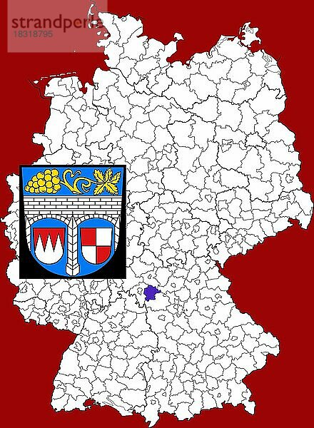 Landkreis Kitzingen  in Bayern  Lage des Landkreis innerhalb von Deutschland  Wappen  mit Landkreiswappen (nur redaktionelle Verwendung) (amtliches Hoheitszeichen) (werbliche Nutzung gesetzlich beschränkt)