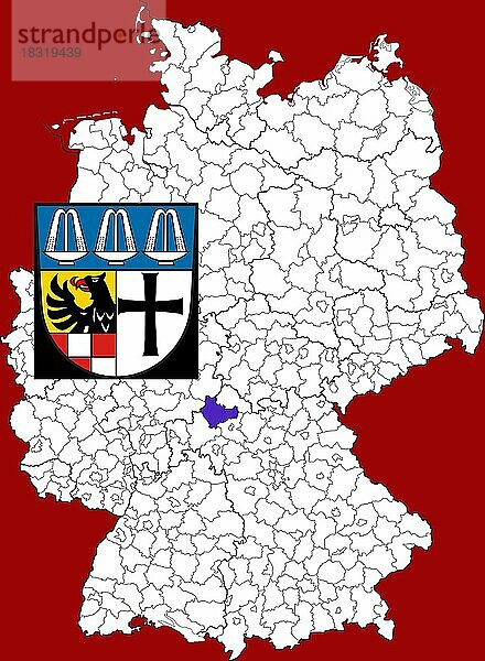 Landkreis Bad Kissingen in Bayern  Lage des Landkreis innerhalb von Deutschland  Wappen  mit Landkreiswappen (nur redaktionelle Verwendung) (amtliches Hoheitszeichen) (werbliche Nutzung gesetzlich beschränkt)