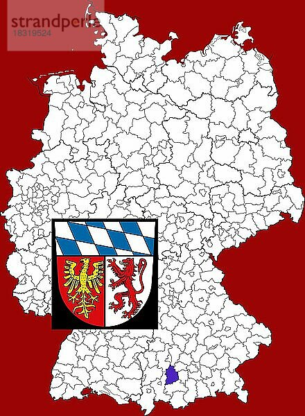 Landkreis Landsberg am Lech  in Bayern  Lage des Landkreis innerhalb von Deutschland  Wappen  mit Landkreiswappen (nur redaktionelle Verwendung) (amtliches Hoheitszeichen) (werbliche Nutzung gesetzlich beschränkt)