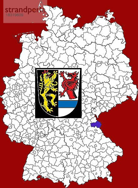 Landkreis Tirschenreuth  in Bayern  Lage des Landkreis innerhalb von Deutschland  Wappen  mit Landkreiswappen (nur redaktionelle Verwendung) (amtliches Hoheitszeichen) (werbliche Nutzung gesetzlich beschränkt)