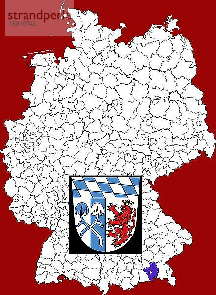 Landkreis Rosenheim  in Bayern  Lage des Landkreis innerhalb von Deutschland  Wappen  mit Landkreiswappen (nur redaktionelle Verwendung) (amtliches Hoheitszeichen) (werbliche Nutzung gesetzlich beschränkt)