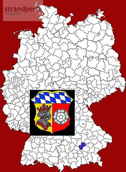 Landkreis Freising  in Bayern  Lage des Landkreis innerhalb von Deutschland  Wappen  mit Landkreiswappen (nur redaktionelle Verwendung) (amtliches Hoheitszeichen) (werbliche Nutzung gesetzlich beschränkt)