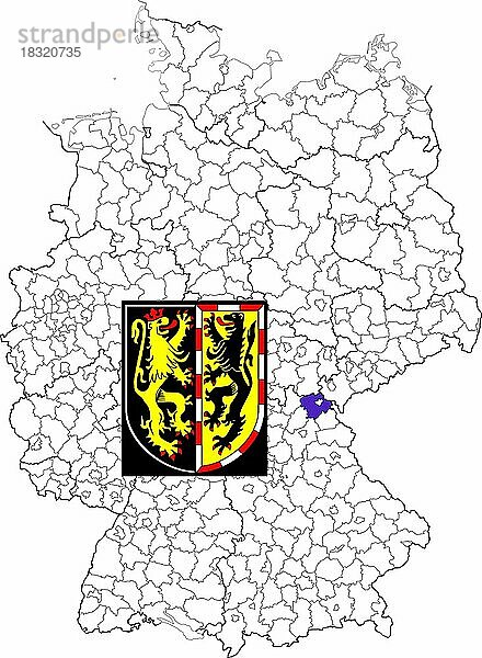 Landkreis Hof  in Bayern  Lage des Landkreis innerhalb von Deutschland  Wappen  mit Landkreiswappen (nur redaktionelle Verwendung) (amtliches Hoheitszeichen) (werbliche Nutzung gesetzlich beschränkt)