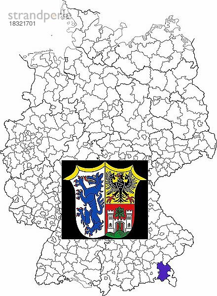 Landkreis Traunstein  in Bayern  Lage des Landkreis innerhalb von Deutschland  Wappen  mit Landkreiswappen (nur redaktionelle Verwendung) (amtliches Hoheitszeichen) (werbliche Nutzung gesetzlich beschränkt)