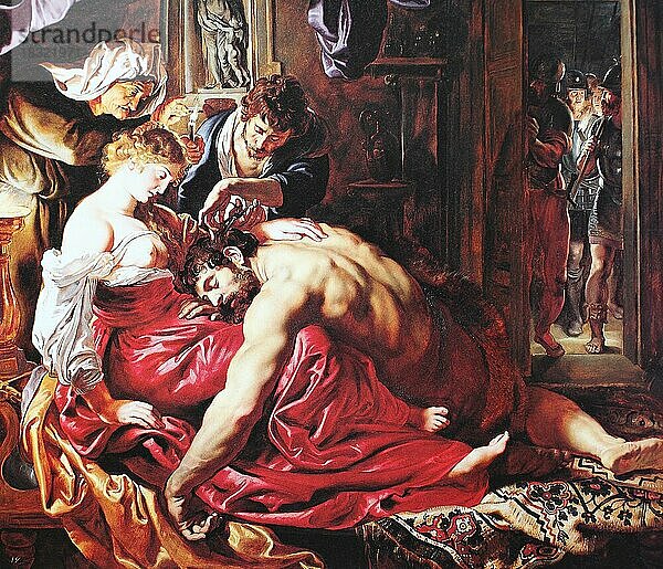 Simson und Delila  die biblische Geschichte von Samson und Delila  Gemälde von Peter Paul Rubens (1577-1640)  Historisch  digital restaurierte Reproduktion einer Originalvorlage aus dem 19. Jahrhundert  genaues Originaldatum nicht bekannt