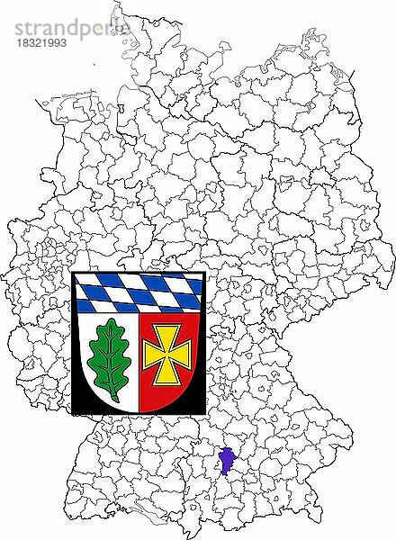 Landkreis Aichach-Friedberg in Bayern  Lage des Landkreis innerhalb von Deutschland  Wappen  mit Landkreiswappen (nur redaktionelle Verwendung) (amtliches Hoheitszeichen) (werbliche Nutzung gesetzlich beschränkt)