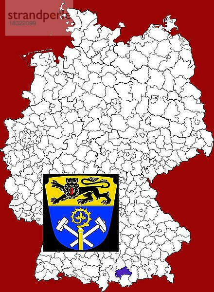 Landkreis Weilheim-Schongau  in Bayern  Lage des Landkreis innerhalb von Deutschland  Wappen  mit Landkreiswappen (nur redaktionelle Verwendung) (amtliches Hoheitszeichen) (werbliche Nutzung gesetzlich beschränkt)