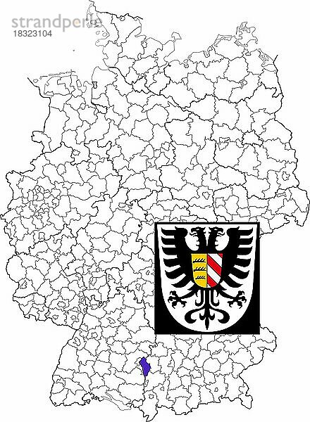 Landkreis Neu-Ulm  in Bayern  Lage des Landkreis innerhalb von Deutschland  Wappen  mit Landkreiswappen (nur redaktionelle Verwendung) (amtliches Hoheitszeichen) (werbliche Nutzung gesetzlich beschränkt)