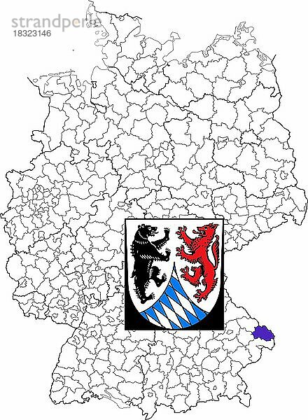 Landkreis Freyung-Grafenau  in Bayern  Lage des Landkreis innerhalb von Deutschland  Wappen  mit Landkreiswappen (nur redaktionelle Verwendung) (amtliches Hoheitszeichen) (werbliche Nutzung gesetzlich beschränkt)