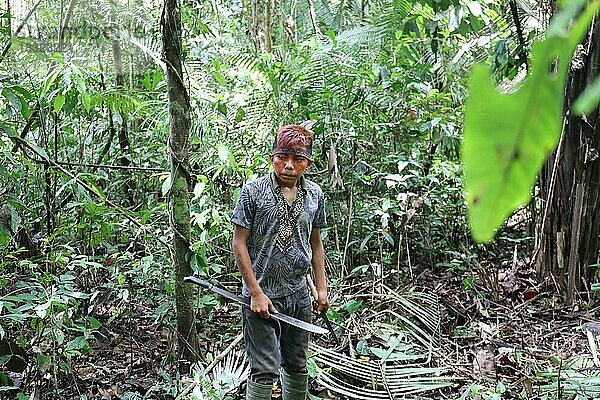 Indigenes Volk  Junge des Urvolkes Huni Kuin arbeitet im Amazonas-Regenwald  Acre  Brasilien  Südamerika