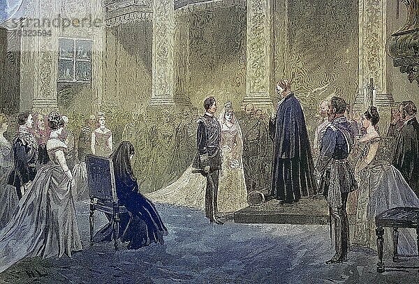 Hochzeit von Prinz Heinrich von Preußen und Prinzessin Irene von Hessen 1888  in der Kapelle des Schlosses Charlottenburg  Berlin  Deutschland  digital restaurierte Reproduktion einer Originalvorlage aus dem 19. Jahrhundert  genaues Originaldatum nicht bekannt  Europa