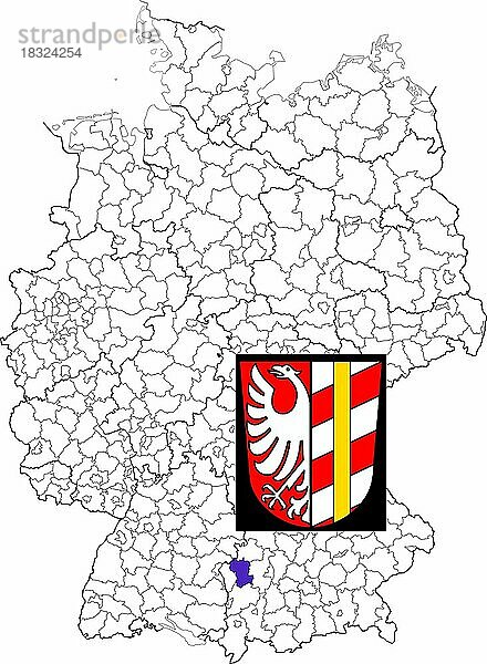 Landkreis Günzburg  in Bayern  Lage des Landkreis innerhalb von Deutschland  Wappen  mit Landkreiswappen (nur redaktionelle Verwendung) (amtliches Hoheitszeichen) (werbliche Nutzung gesetzlich beschränkt)