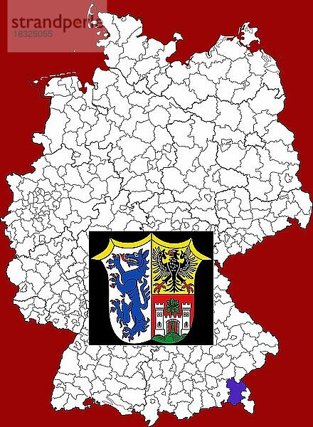 Landkreis Traunstein  in Bayern  Lage des Landkreis innerhalb von Deutschland  Wappen  mit Landkreiswappen (nur redaktionelle Verwendung) (amtliches Hoheitszeichen) (werbliche Nutzung gesetzlich beschränkt)