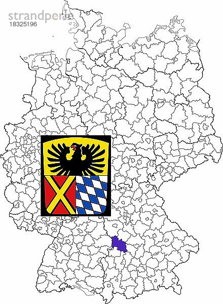 Landkreis Donau-Ries  in Bayern  Lage des Landkreis innerhalb von Deutschland  Wappen  mit Landkreiswappen (nur redaktionelle Verwendung) (amtliches Hoheitszeichen) (werbliche Nutzung gesetzlich beschränkt)