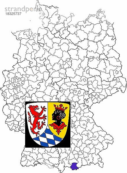 Landkreis Garmisch-Partenkirchen  in Bayern  Lage des Landkreis innerhalb von Deutschland  Wappen  mit Landkreiswappen (nur redaktionelle Verwendung) (amtliches Hoheitszeichen) (werbliche Nutzung gesetzlich beschränkt)