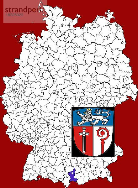 Landkreis Ostallgäu  in Bayern  Lage des Landkreis innerhalb von Deutschland  Wappen  mit Landkreiswappen (nur redaktionelle Verwendung) (amtliches Hoheitszeichen) (werbliche Nutzung gesetzlich beschränkt)