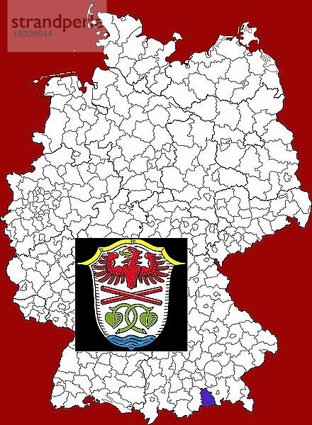 Landkreis Miesbach  in Bayern  Lage des Landkreis innerhalb von Deutschland  Wappen  mit Landkreiswappen (nur redaktionelle Verwendung) (amtliches Hoheitszeichen) (werbliche Nutzung gesetzlich beschränkt)