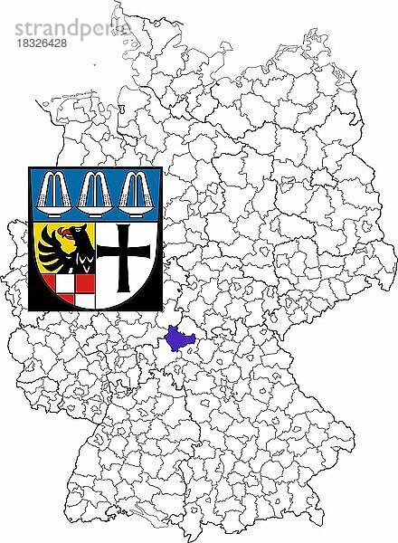 Landkreis Bad Kissingen in Bayern  Lage des Landkreis innerhalb von Deutschland  Wappen  mit Landkreiswappen (nur redaktionelle Verwendung) (amtliches Hoheitszeichen) (werbliche Nutzung gesetzlich beschränkt)