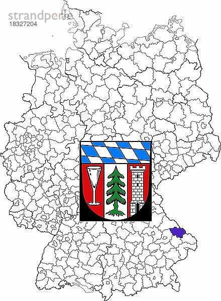 Landkreis Regen  in Bayern  Lage des Landkreis innerhalb von Deutschland  Wappen  mit Landkreiswappen (nur redaktionelle Verwendung) (amtliches Hoheitszeichen) (werbliche Nutzung gesetzlich beschränkt)